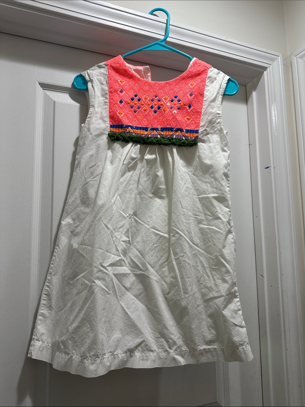 Crewcuts White Dress with Coral Embroidered Yoke